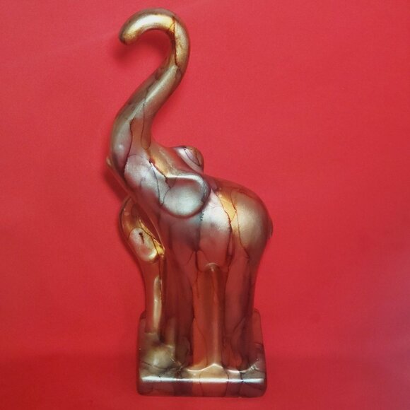 Gold Glazed Elephant Mom Baby Figurine Sculpture Long Legs Free Standing Statue - Picture 13 of 13